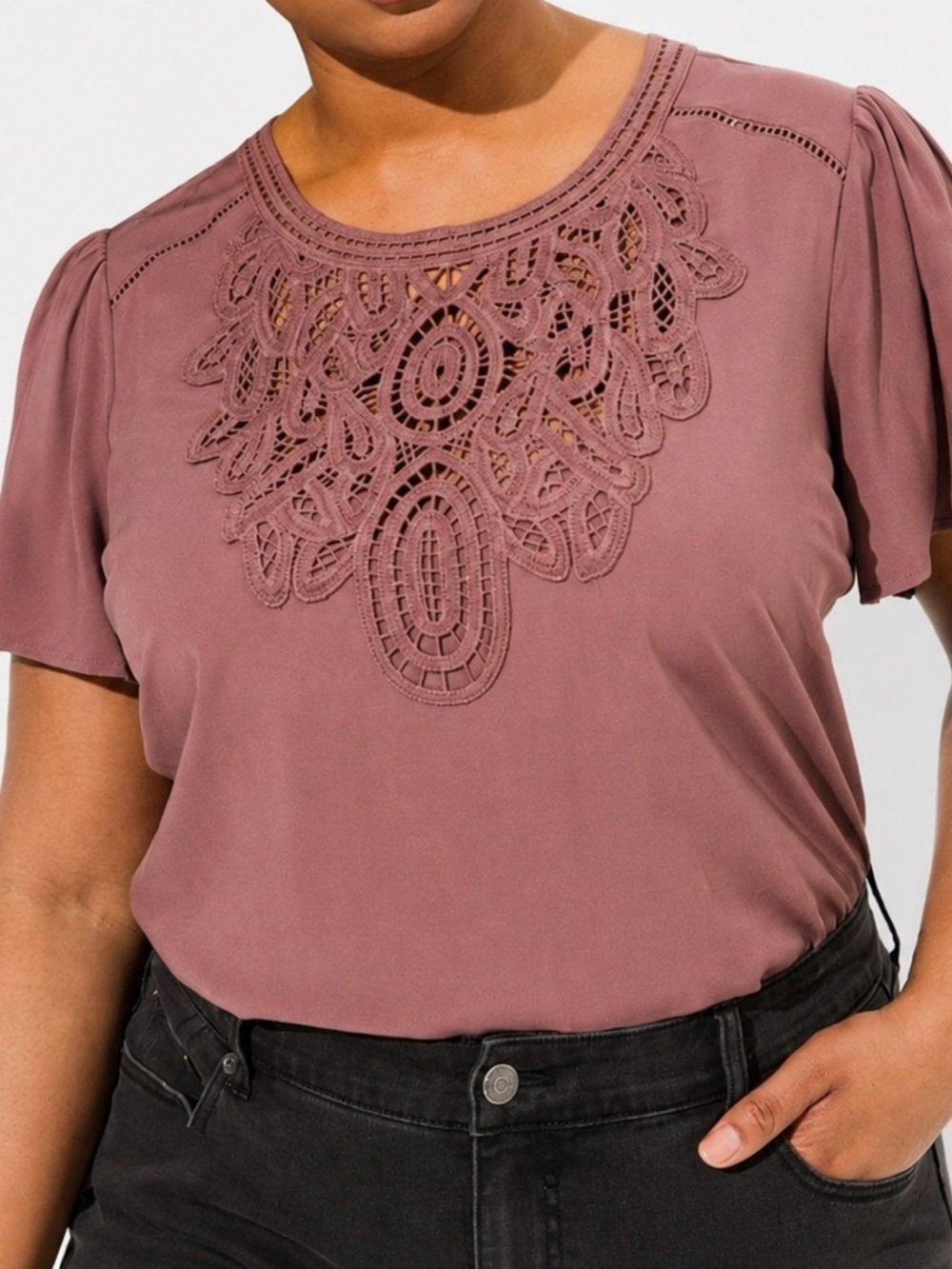 Torrid Mauve Crochet Yoke Short Sleeve Blouse 1X NWT